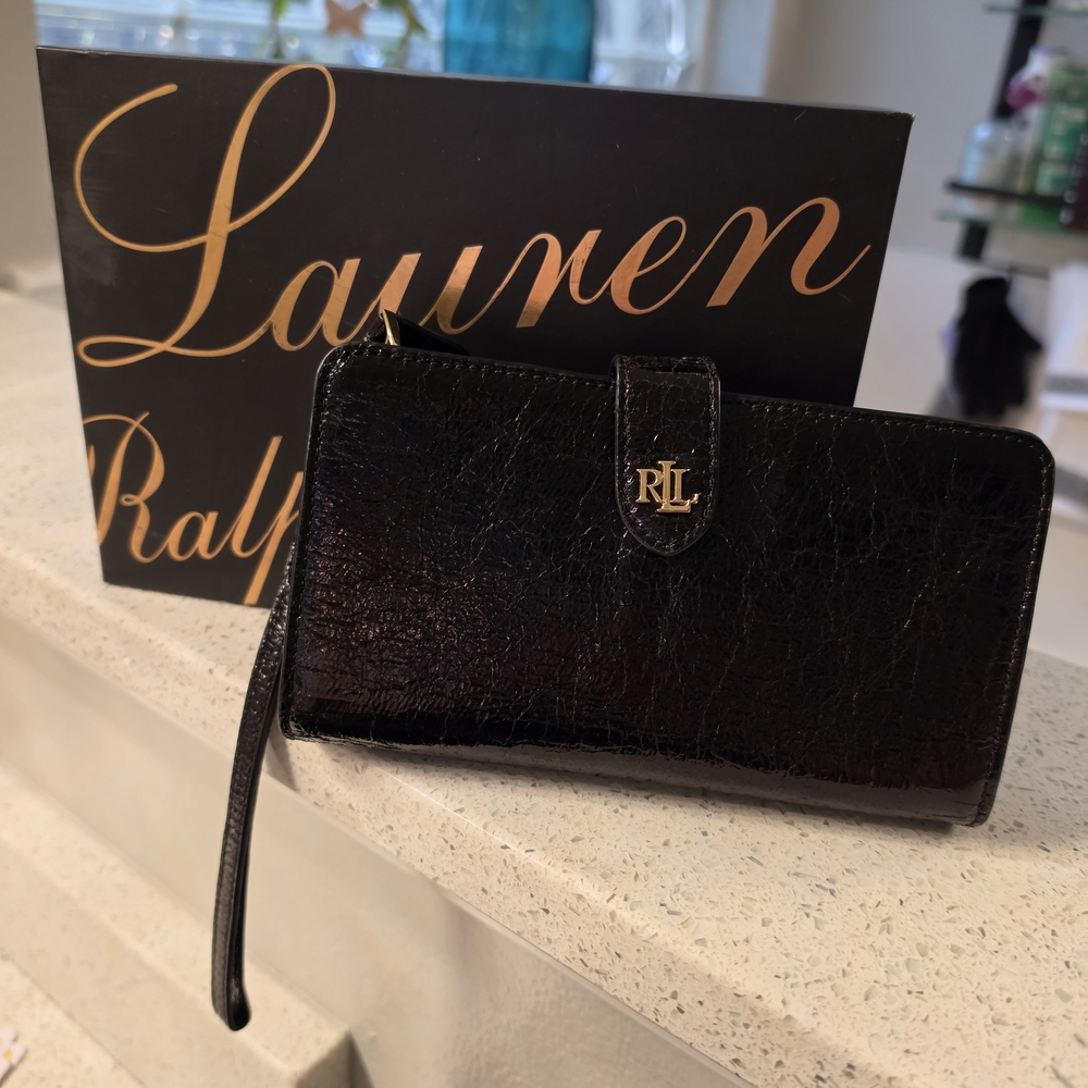 Ralph Lauren Black RL Logo Leather Wristlet Wallet